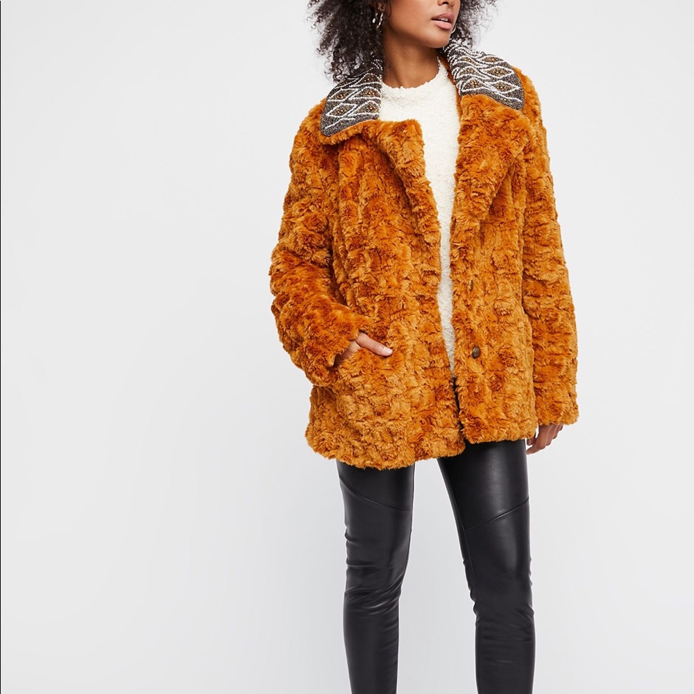 Free People Embellished Faux Fur Coat NWT